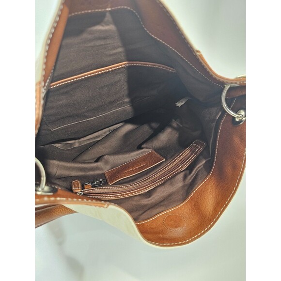 VINTAGE Lands' End XL Off-White Saddle Tote Shoulder Bag Leather Canvas Purse - Picture 10 of 11